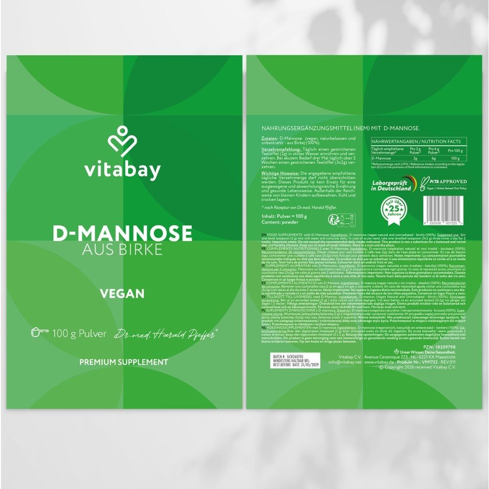 Vitabay D-Mannose aus Birke, 100g Pulver. Vegan. Premium Supplement.