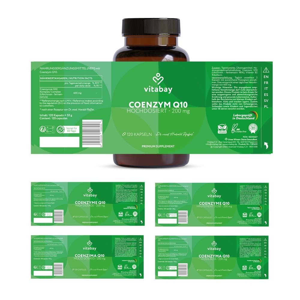 Produktflasche mit Etikett. Etikett zeigt Informationen zu Inhaltsstoffen, Dosierung und Hersteller.