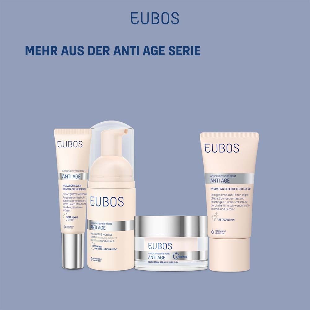 EUBOS® ANTI-AGE Serie. Vier Produkte: Augencreme, Reinigungsschaum, Tagespflege und Fluid. Weiß-rosa Verpackung.