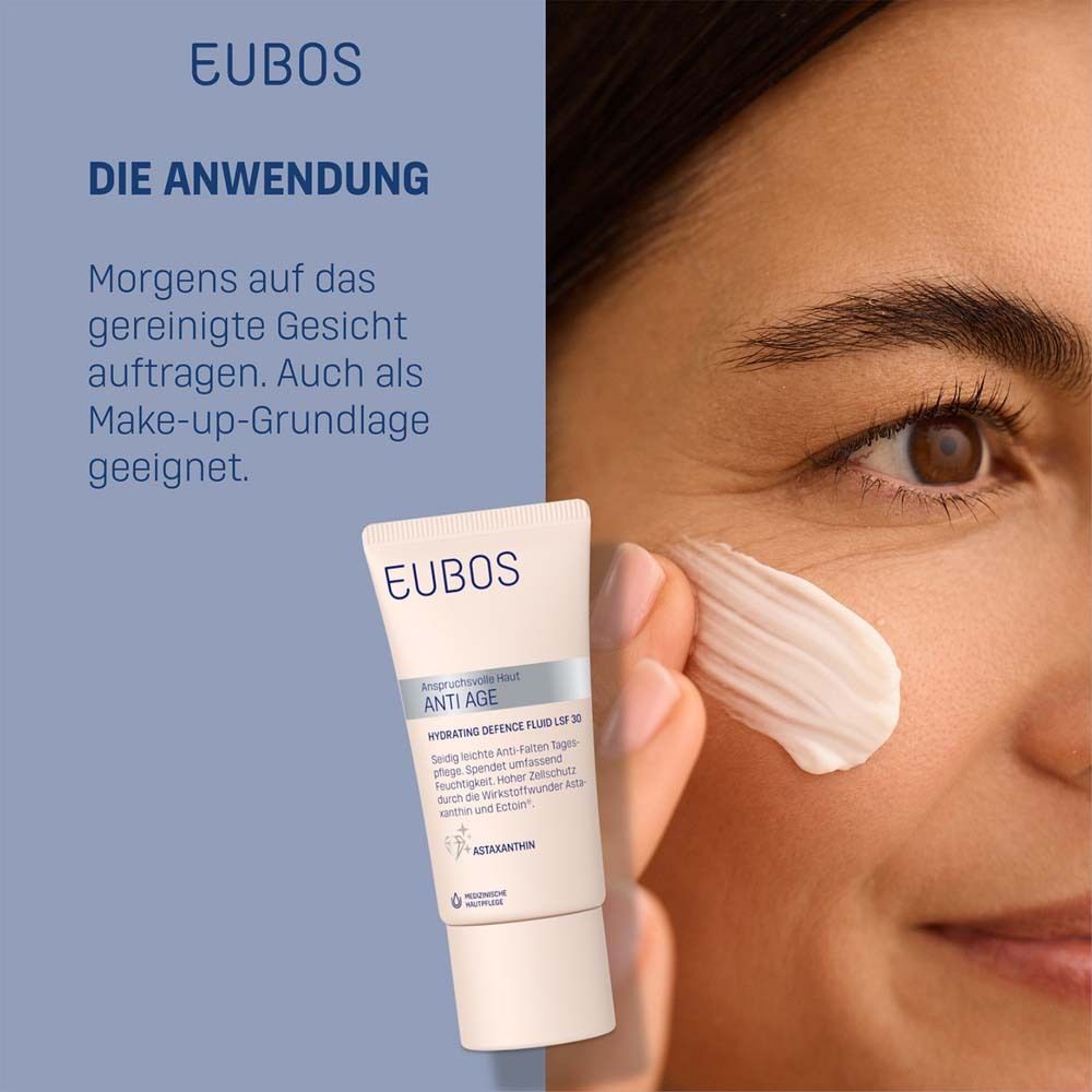 EUBOS® ANTI-AGE Hydrating Defence Fluid LSF 30. Tube. Anwendung: Auf gereinigtes Gesicht auftragen. Als Make-up-Grundlage.
