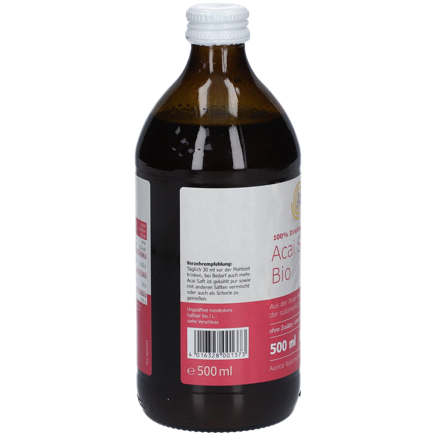 Braune Glasflasche mit weißem Deckel. Etikett mit Produktname, Marke und Bio-Siegel. 500 ml.