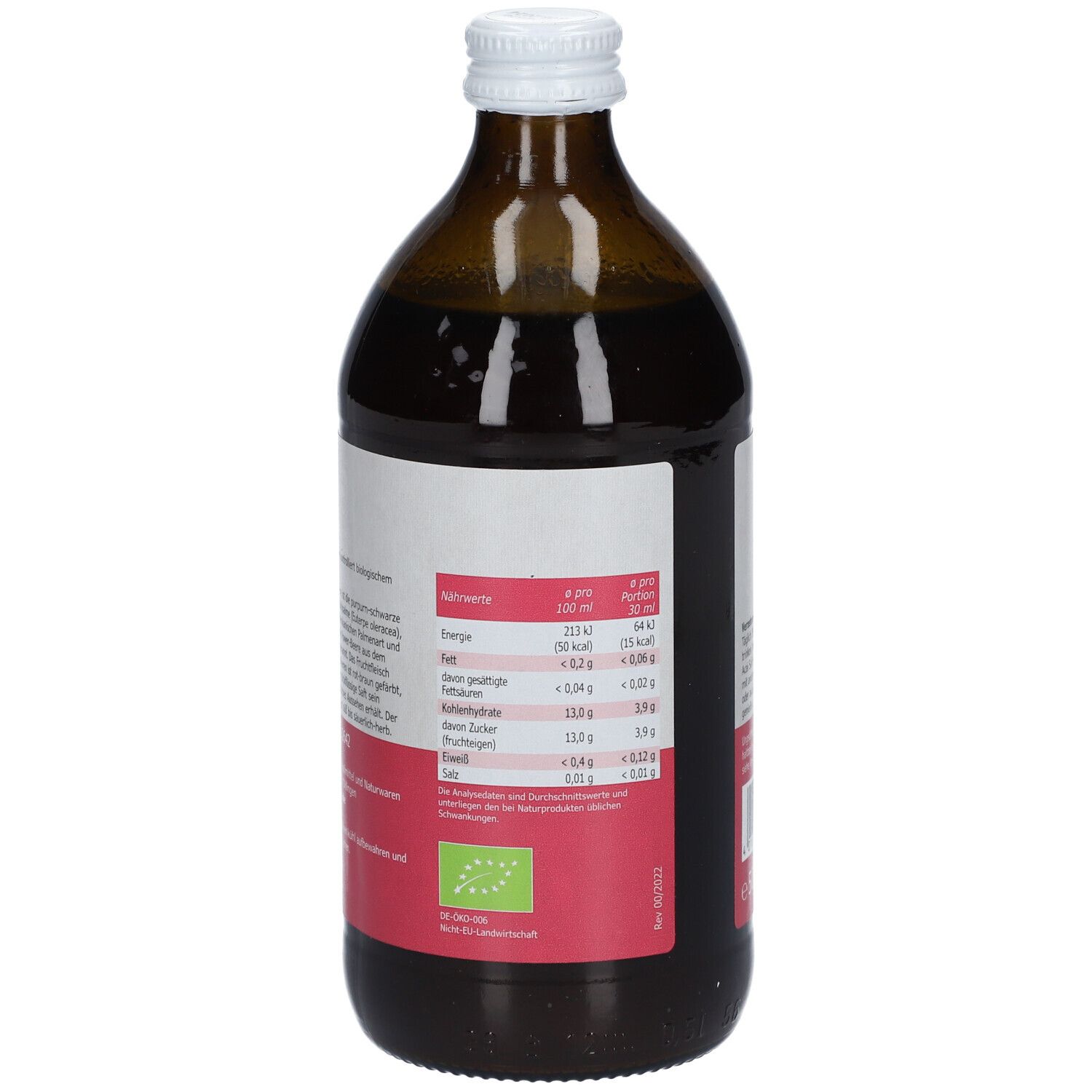 Braune Glasflasche mit weißem Deckel. Etikett mit Produktname, Marke und Bio-Siegel. 500 ml.