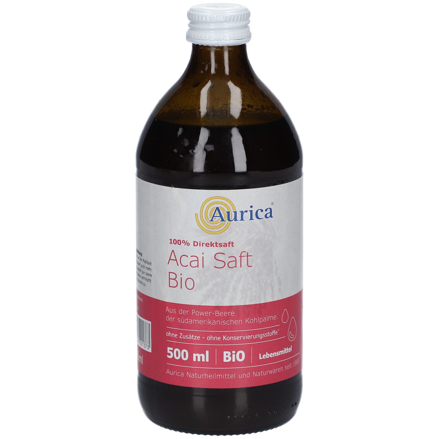 Braune Glasflasche mit weißem Deckel. Etikett mit Produktname, Marke und Bio-Siegel. 500 ml.