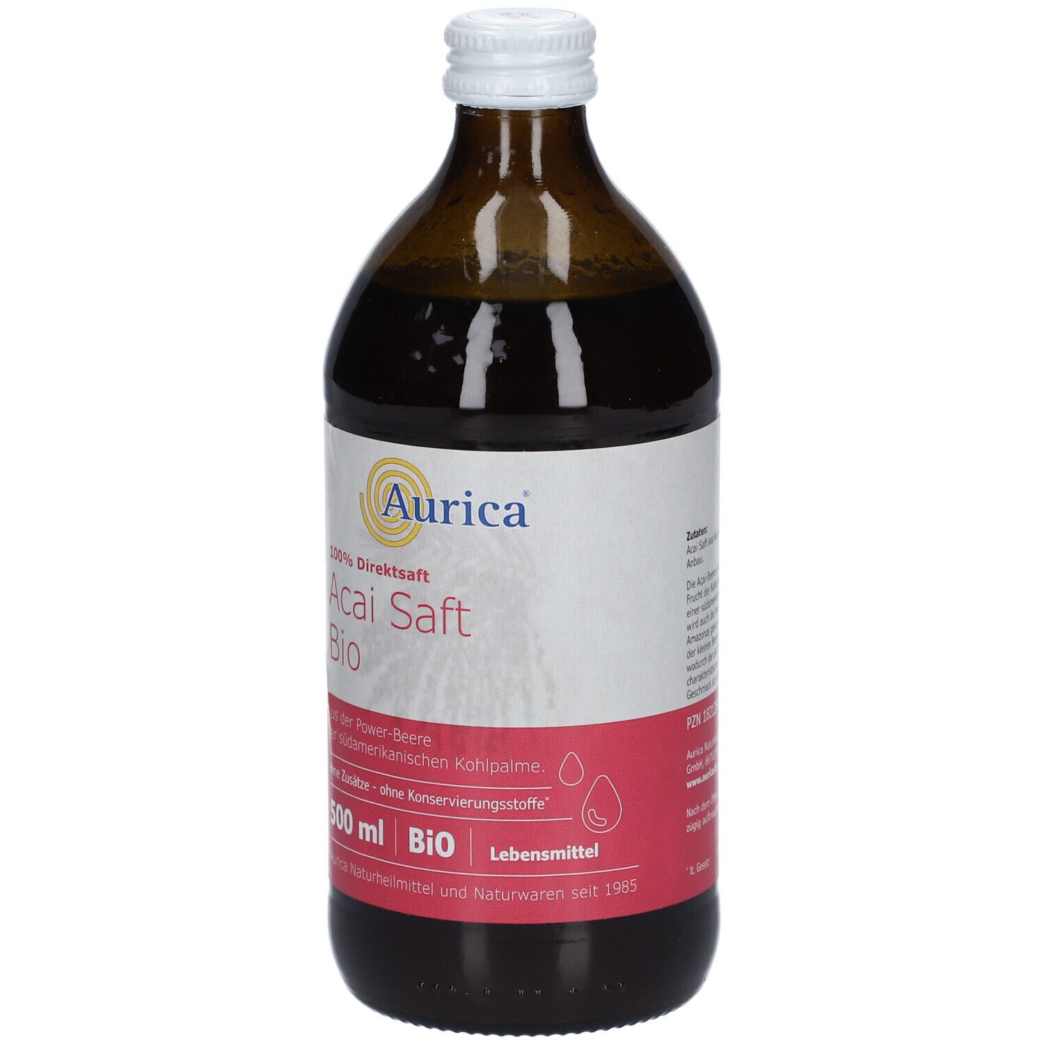Braune Glasflasche mit weißem Deckel. Etikett mit Produktname, Marke und Bio-Siegel. 500 ml.