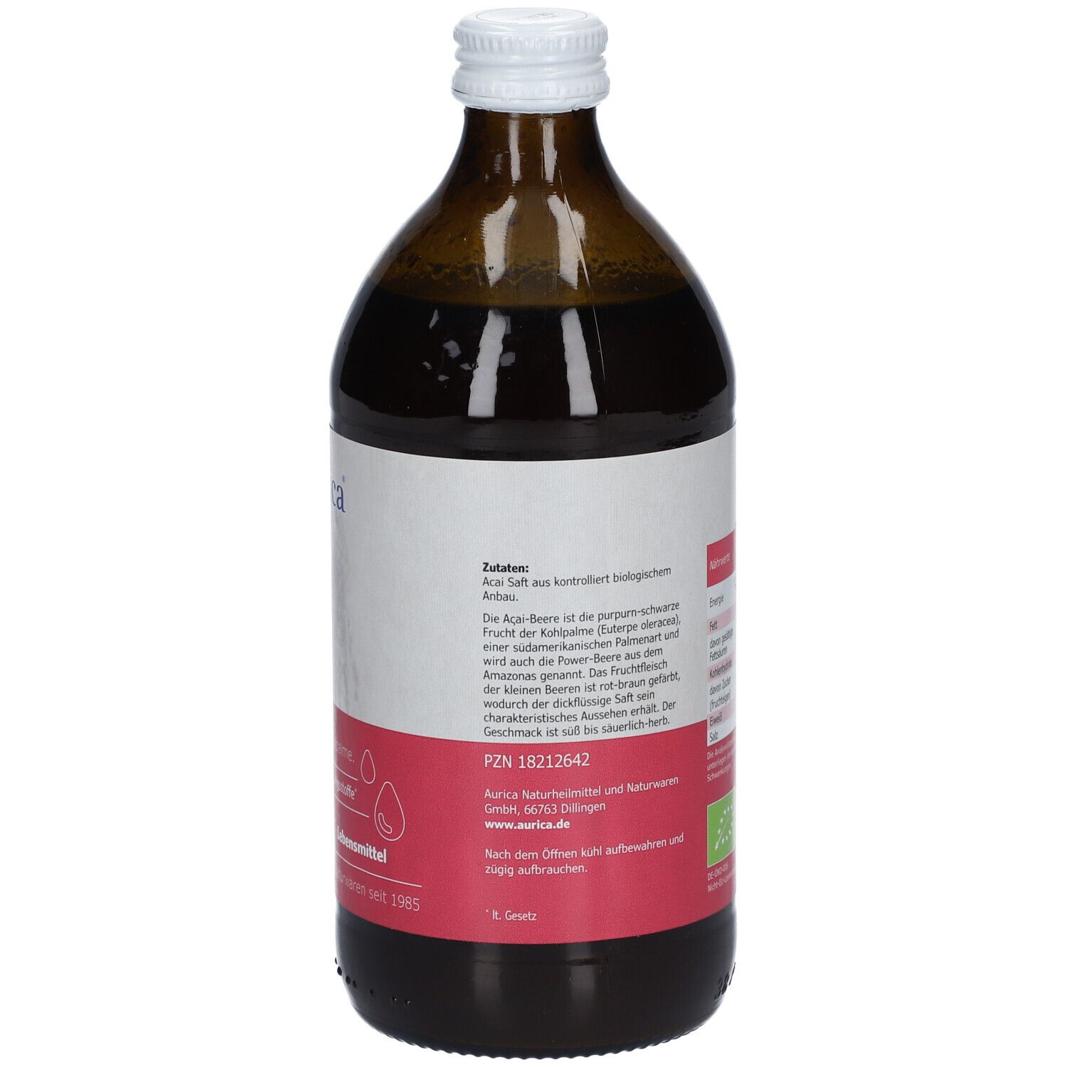 Braune Glasflasche mit weißem Deckel. Etikett mit Produktname, Marke und Bio-Siegel. 500 ml.