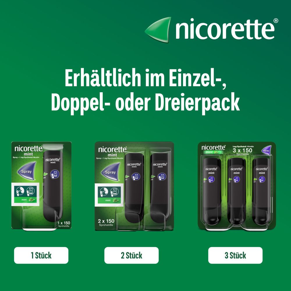 Vergleich von Einzel-, Doppel- und Dreierpackungen des Nicorette Mint Sprays.