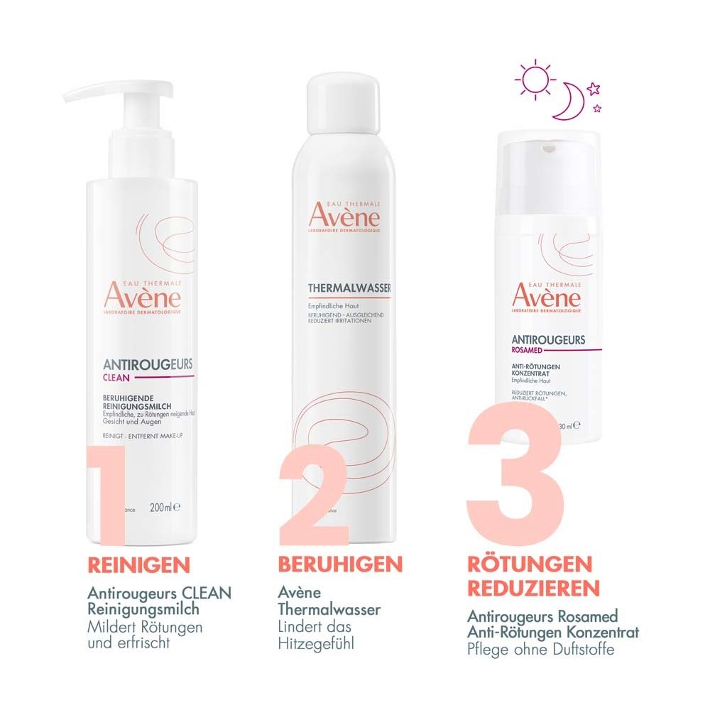 Drei Produkte: Reinigen, Beruhigen, Rötungen reduzieren. Avène Produkte.