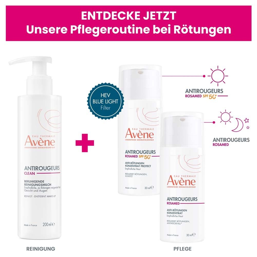 Drei Avène Produkte. Reinigung, Pflege. HEV Blue Light Filter. Antirougeurs Rosamed.