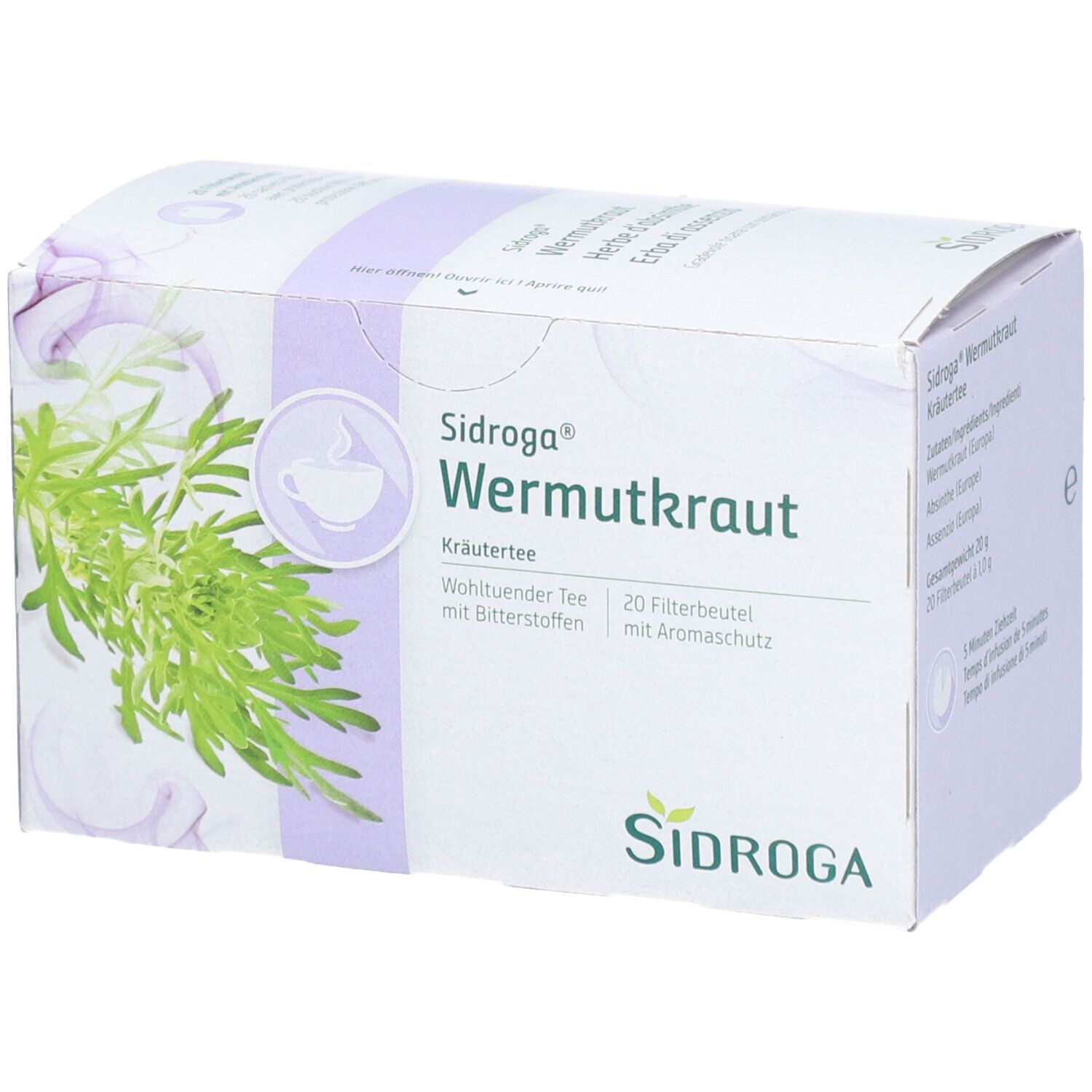 Karton mit Sidroga® Wermutkraut Kräutertee. Aufdruck mit Produktnamen, Kräuterabbildung und Logo.