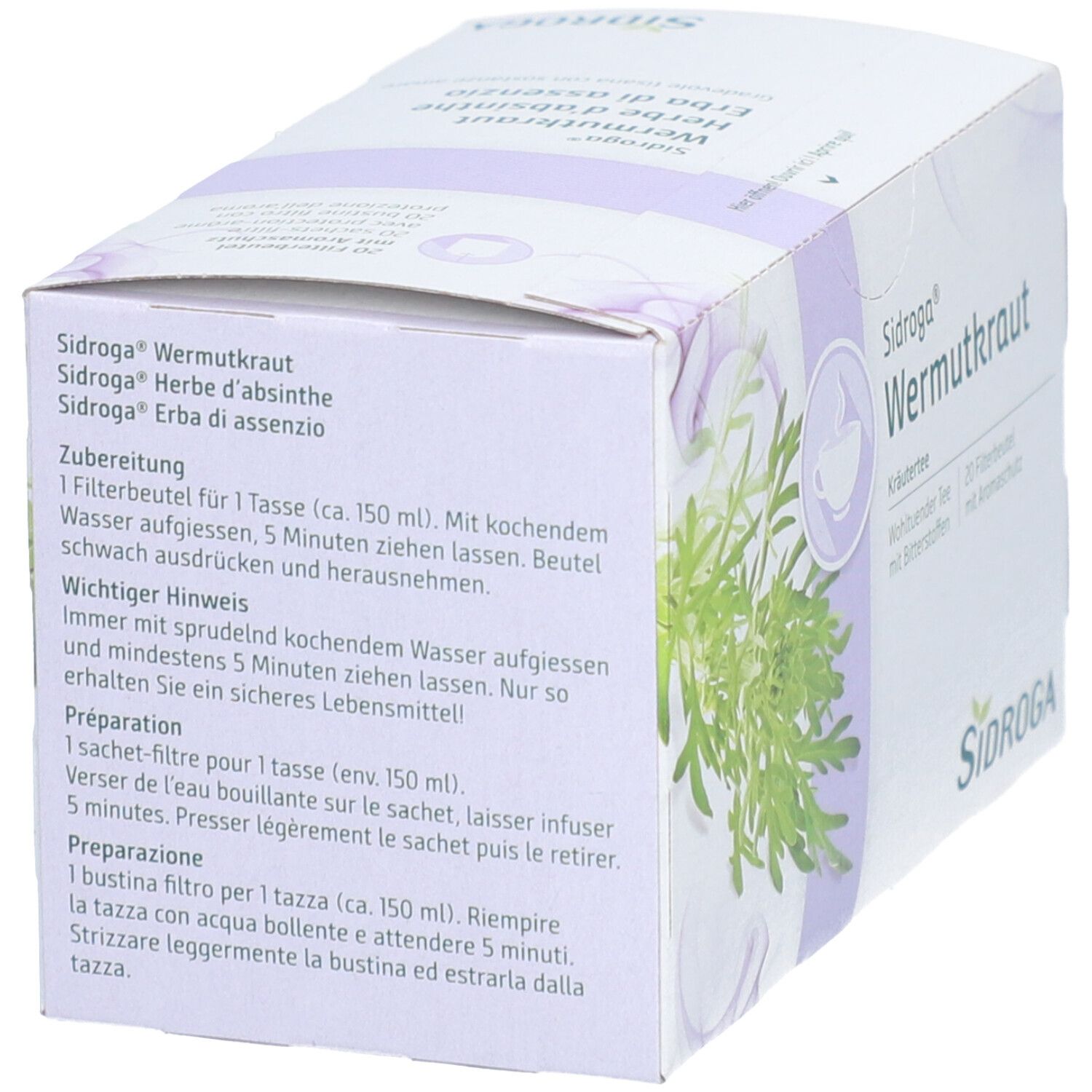 Karton mit Produktinformationen. Text in Deutsch, Französisch und Italienisch. Logo von Sidroga®.