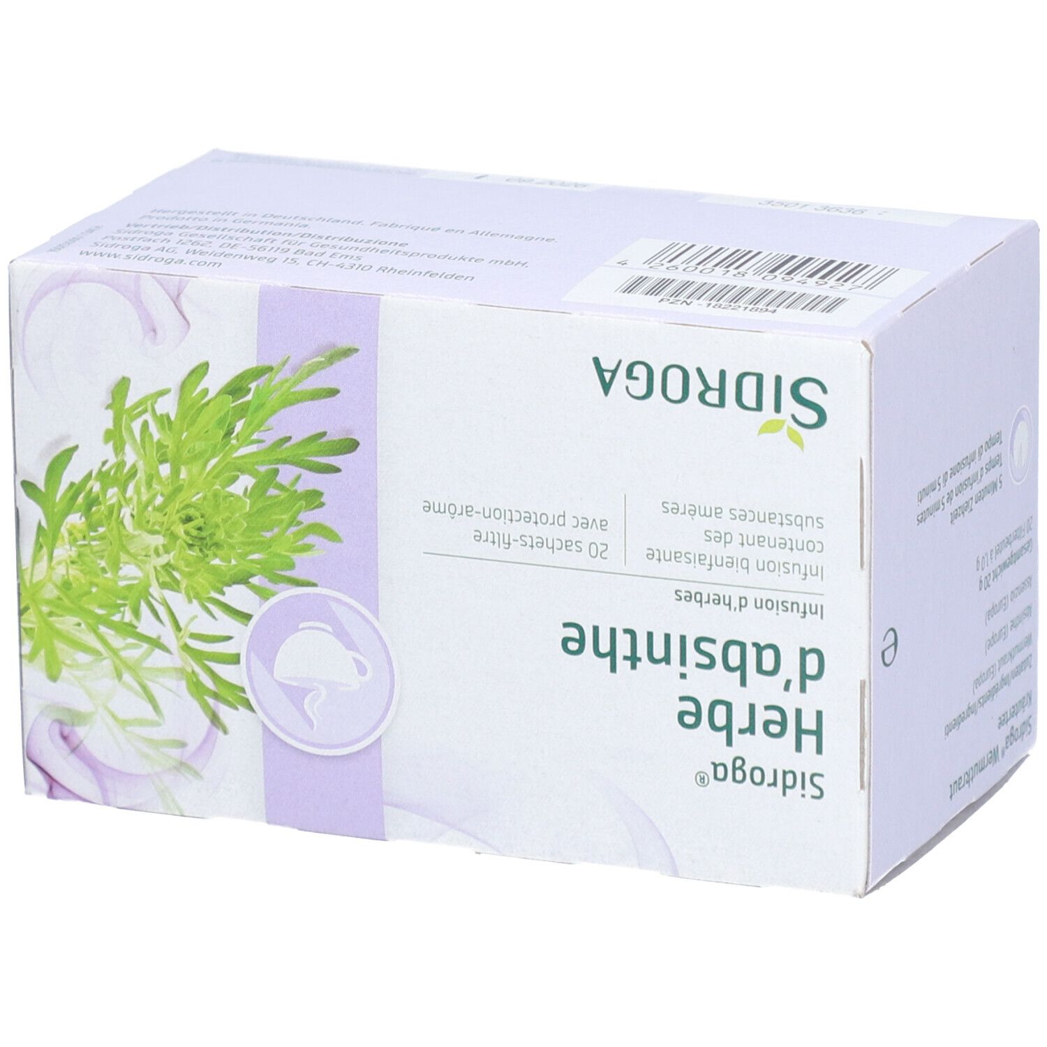 Karton mit Sidroga® Herbe d'absinthe Kräutertee. Aufdruck mit Produktnamen, Kräuterabbildung und Logo.