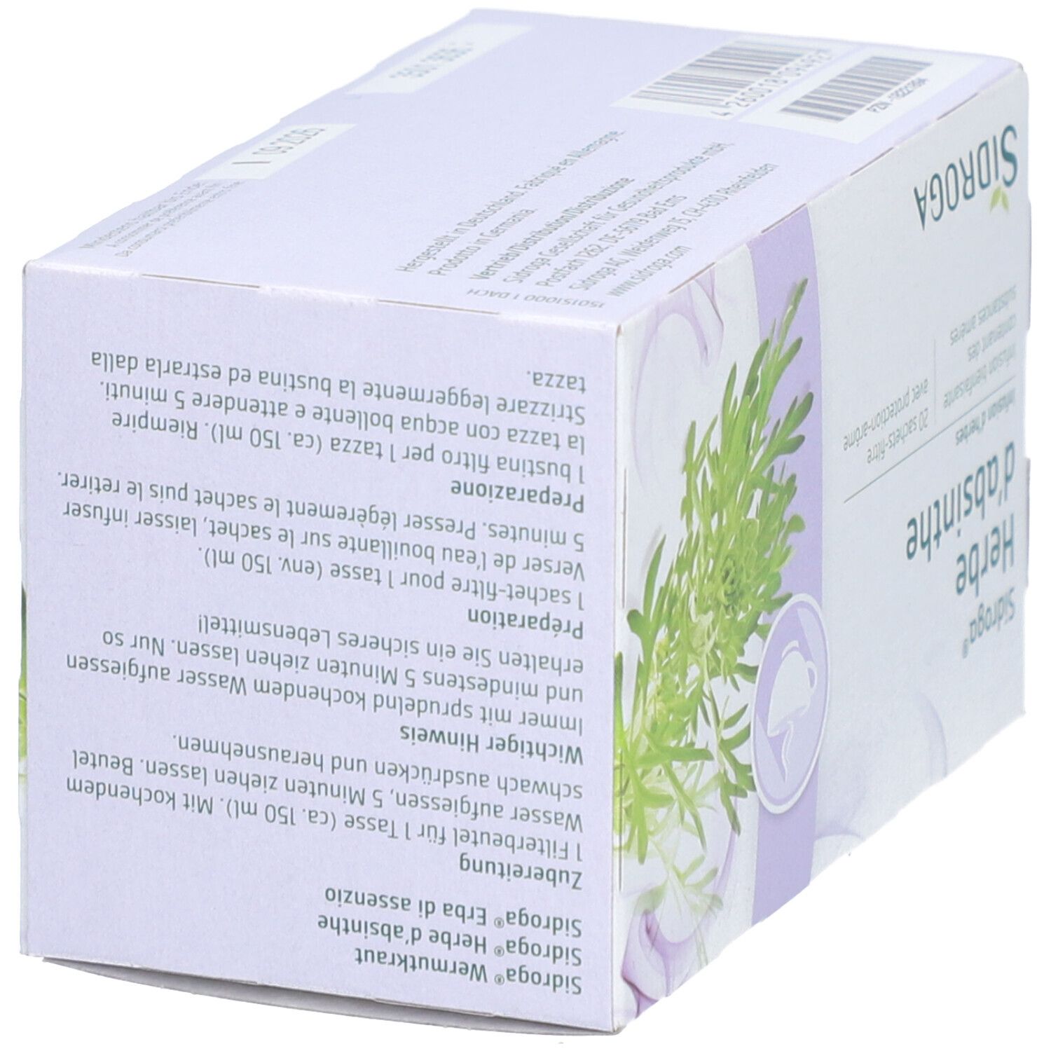 Karton mit Produktinformationen. Text in Deutsch, Französisch und Italienisch. Logo von Sidroga®.
