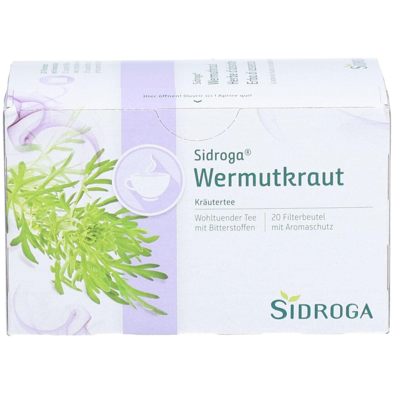 Karton mit Sidroga® Wermutkraut Kräutertee. Aufdruck mit Produktnamen, Kräuterabbildung und Logo.