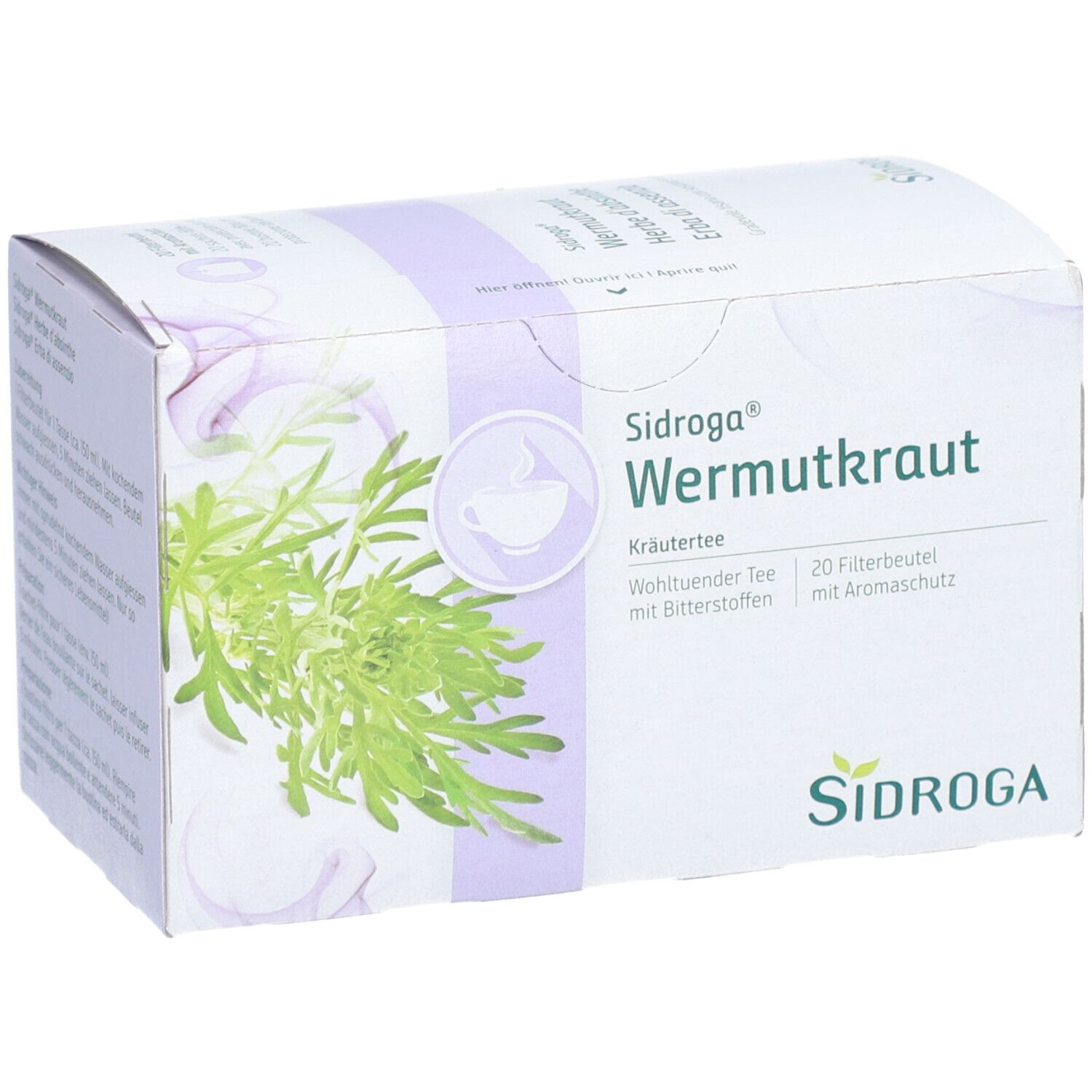 Karton mit Sidroga® Wermutkraut Kräutertee. Aufdruck mit Produktnamen, Kräuterabbildung und Logo.