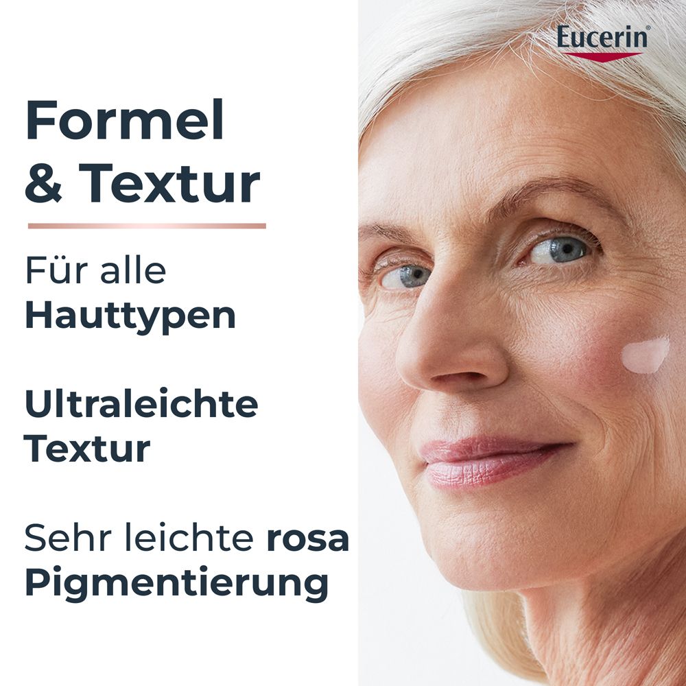 Frau mit Produkt. Text: Für alle Hauttypen, ultraleichte Textur, sehr leichte rosa Pigmentierung.