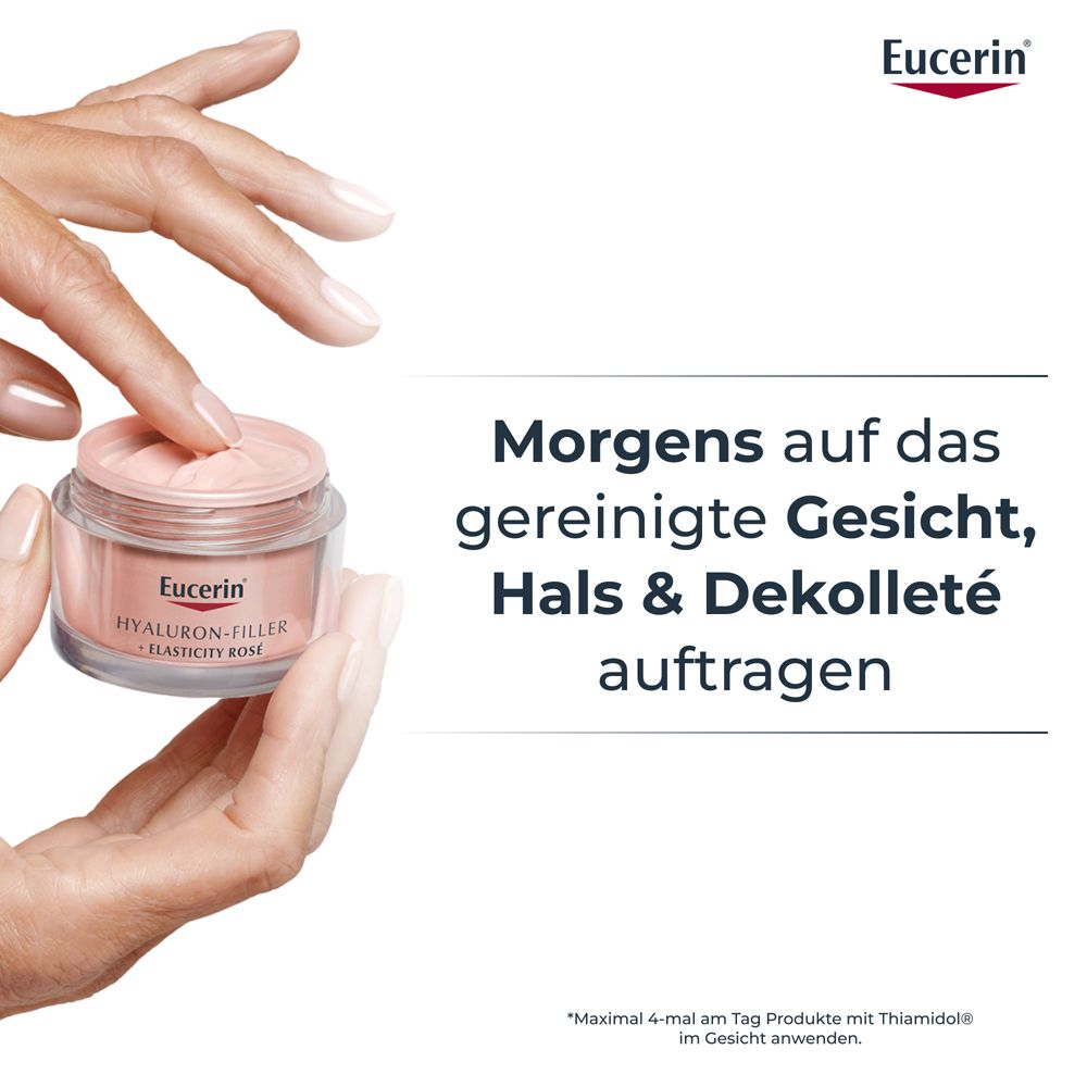 Hände tragen Creme auf. Text: Morgens auf Gesicht, Hals & Dekolleté auftragen.