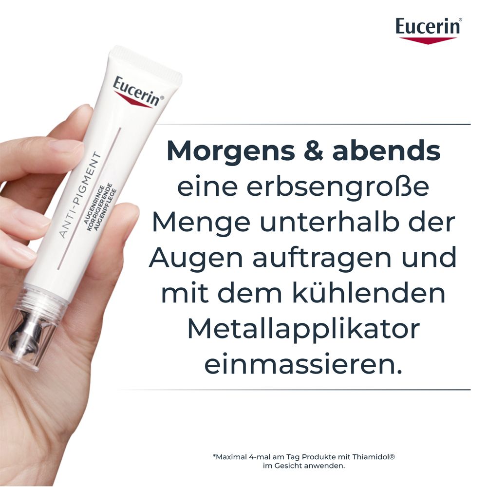 Hand hält Tube. Text: Morgens & abends erbsengroße Menge auftragen und einmassieren.