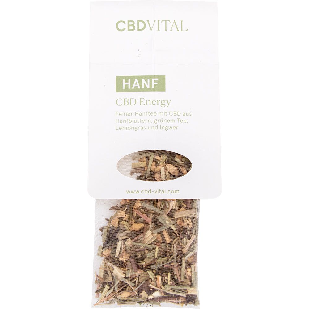 Beutel mit "HANF CBD Energy" Tee. Sichtbar sind getrocknete Kräuter. Marke "CBDVITAL".
