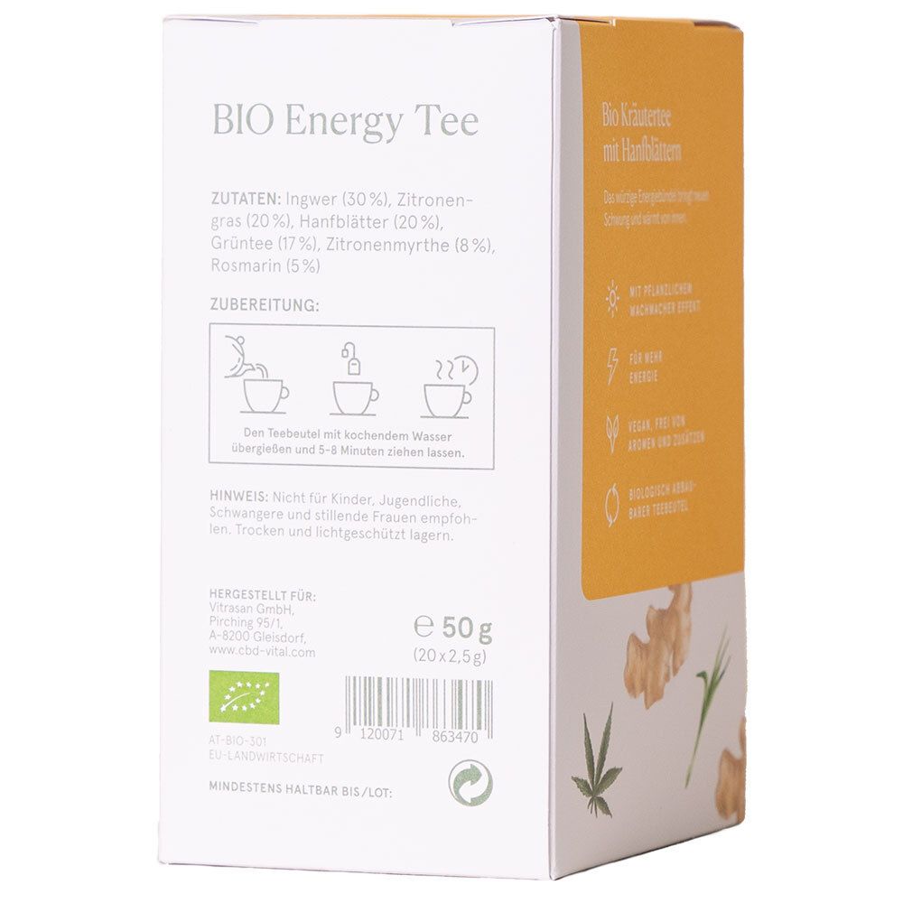 Rückseite der Teebox. Zutatenliste, Zubereitungshinweise und Warnhinweise. Marke "CBDVITAL".