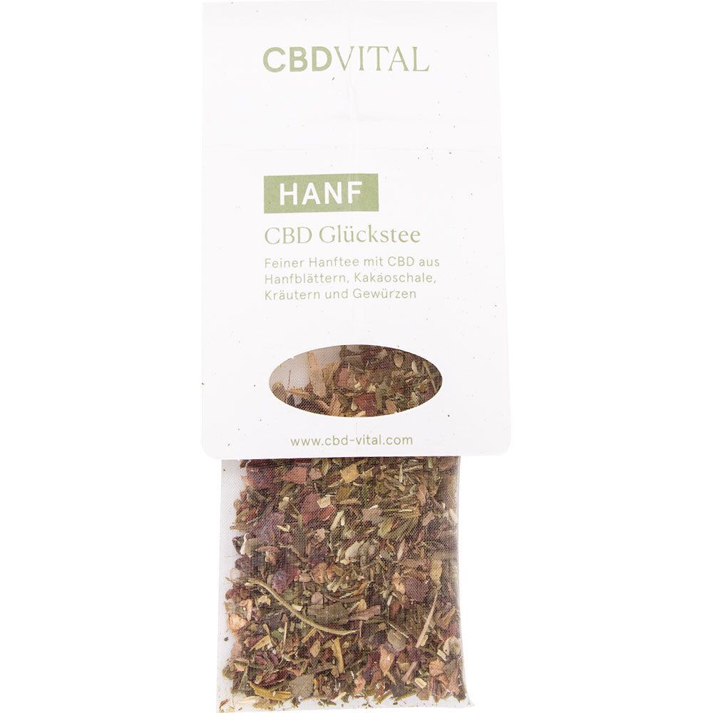 Teebeutel mit Kräutermischung. Text: HANF, CBD Glückstee, Hanfblätter, Kakao, Kräuter, Gewürze. Marke: CBDVITAL. www.cbd-vital.com.