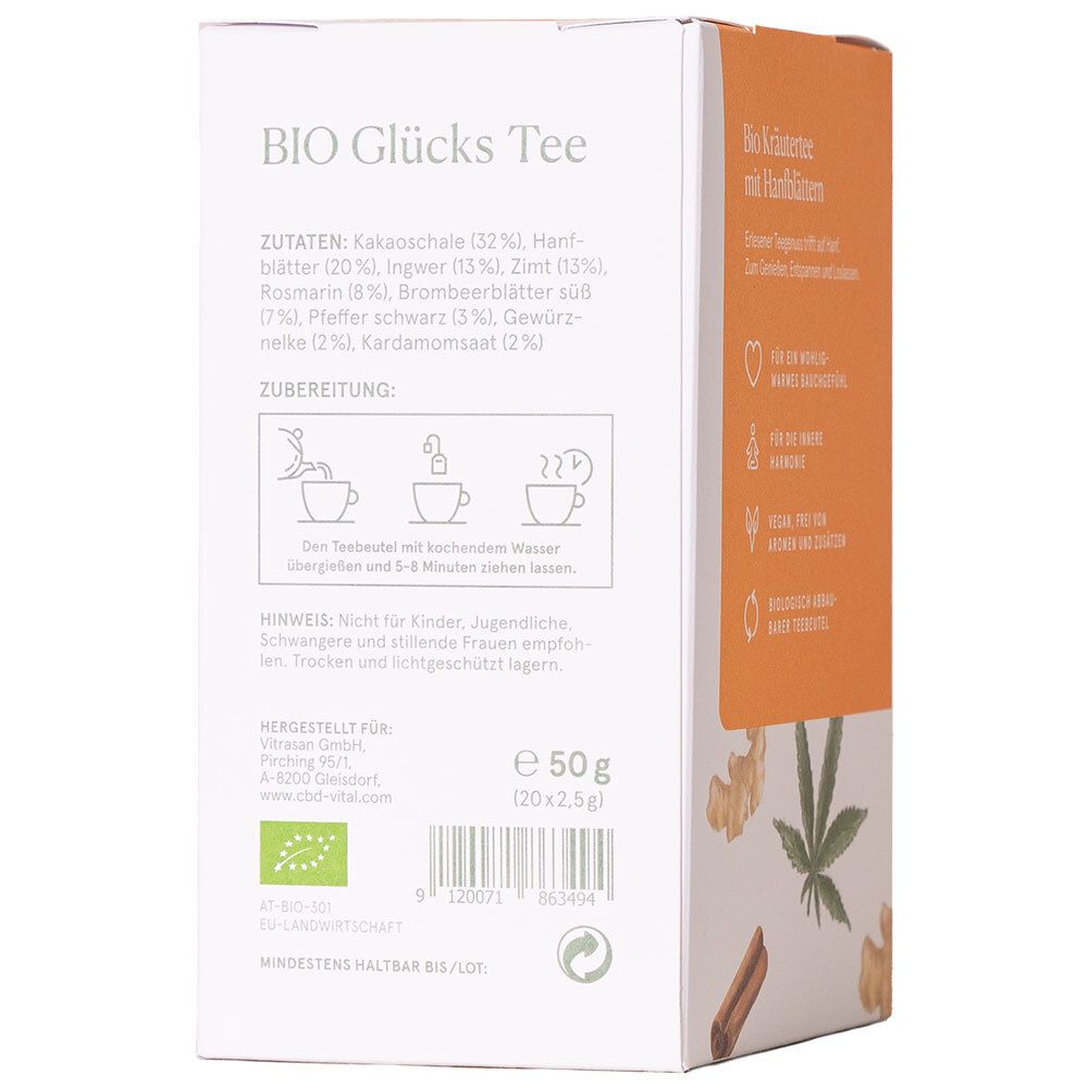 Rückseite der Tee-Verpackung. Text: BIO Glücks Tee, Zutaten, Zubereitung, Hinweis, hergestellt für, Mindestens haltbar bis. Bio-Siegel.