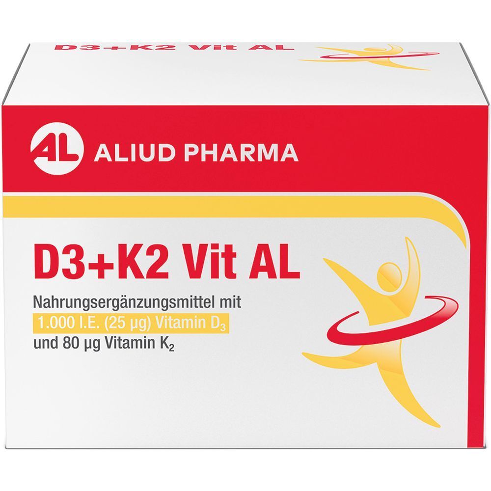 Weiß-rote Verpackung von D3+K2 Vit AL. Enthält Nahrungsergänzungsmittel mit Vitamin D3 und K2. Logo von Aliud Pharma.