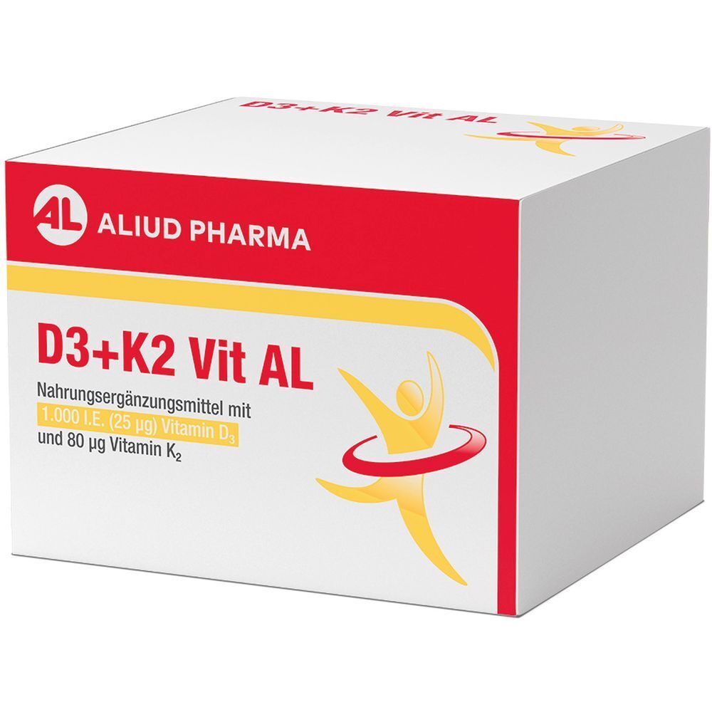 Weiße Verpackung von D3+K2 Vit AL. Roter Streifen mit Logo von Aliud Pharma. Enthält Nahrungsergänzungsmittel.