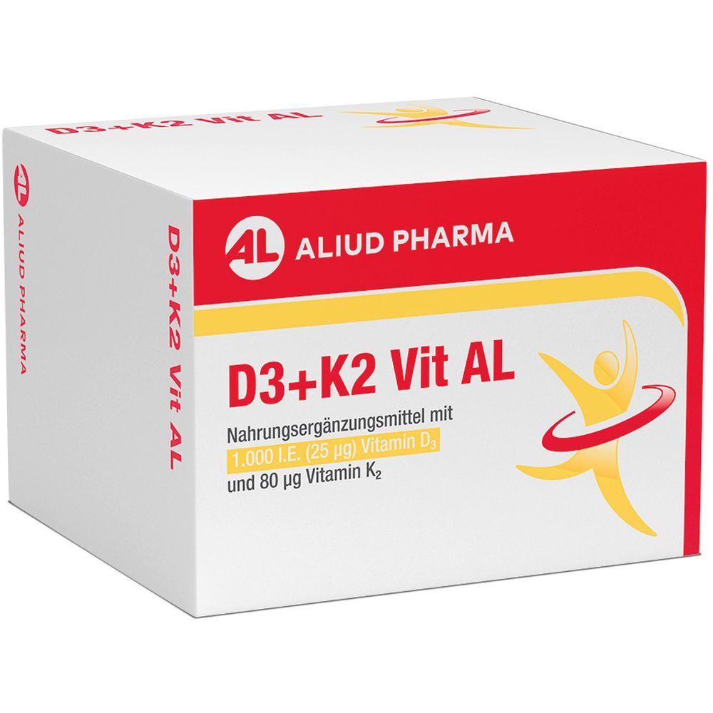 Weiße Verpackung von D3+K2 Vit AL. Roter Streifen mit Logo von Aliud Pharma. Enthält Nahrungsergänzungsmittel.