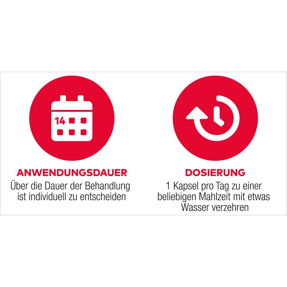 Zwei rote Kreise mit weißen Symbolen. Anwendungsdauer: individuell. Dosierung: 1 Kapsel pro Tag.