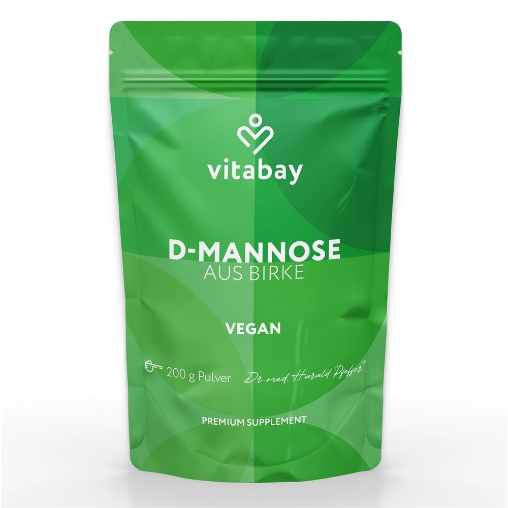 Grüner Beutel mit Vitabay D-Mannose aus Birke, 200g Pulver, vegan.