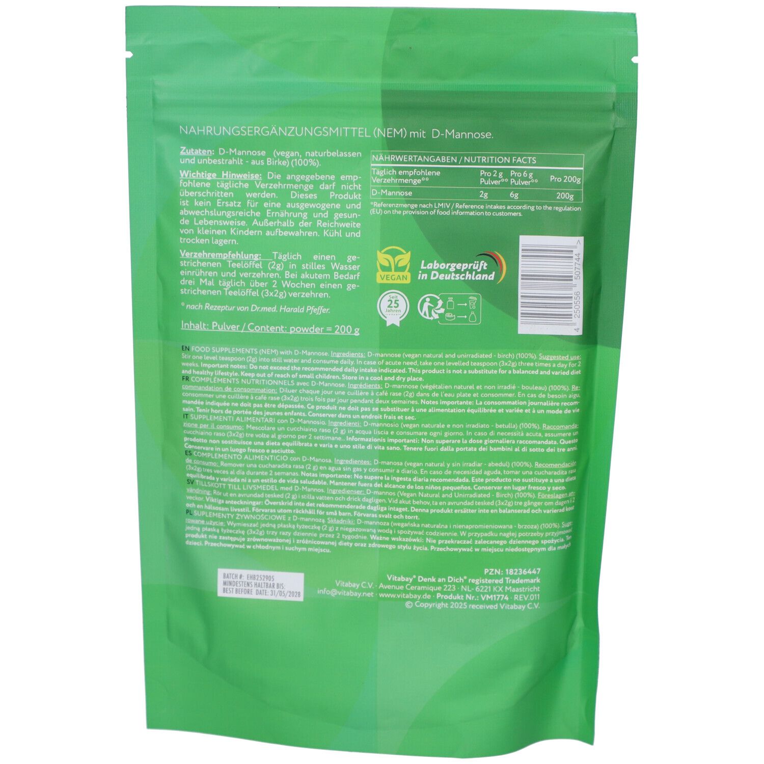 Rückseite der grünen Verpackung mit Text und Nährwertangaben. "Nahrungsergänzungsmittel" und "Inhalt: Pulver" lesbar.