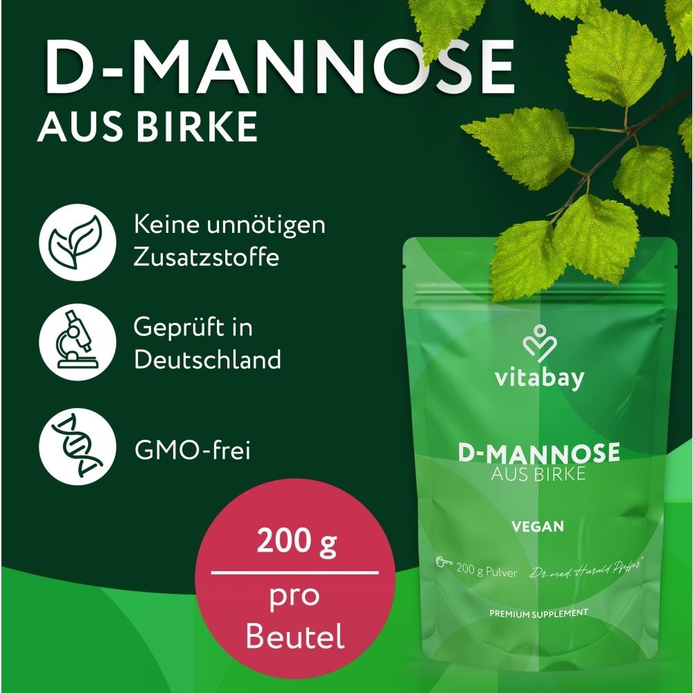 Vitabay D-Mannose aus Birke Beutel, 200g, vegan, GMO-frei, geprüft in Deutschland.