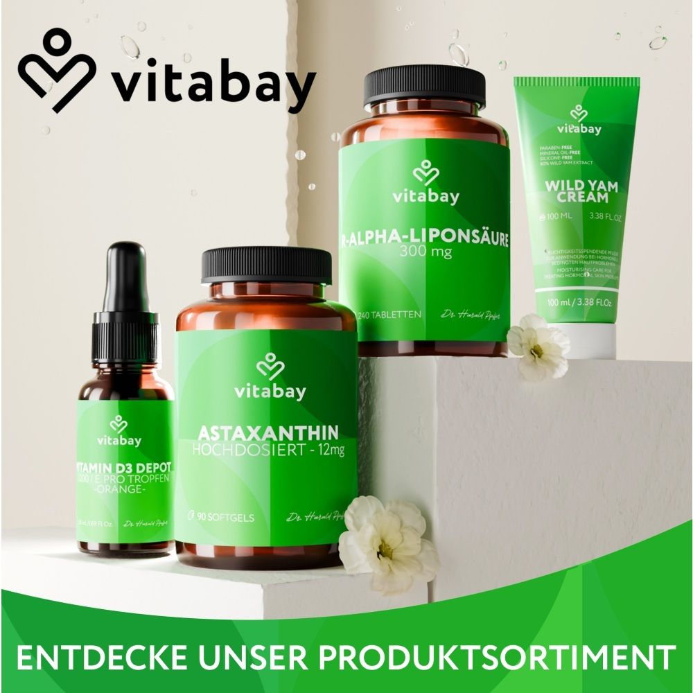 Vitabay Produktvielfalt: Astaxanthin, Alpha-Liponsäure, Vitamin D3, Wild Yam Cream.