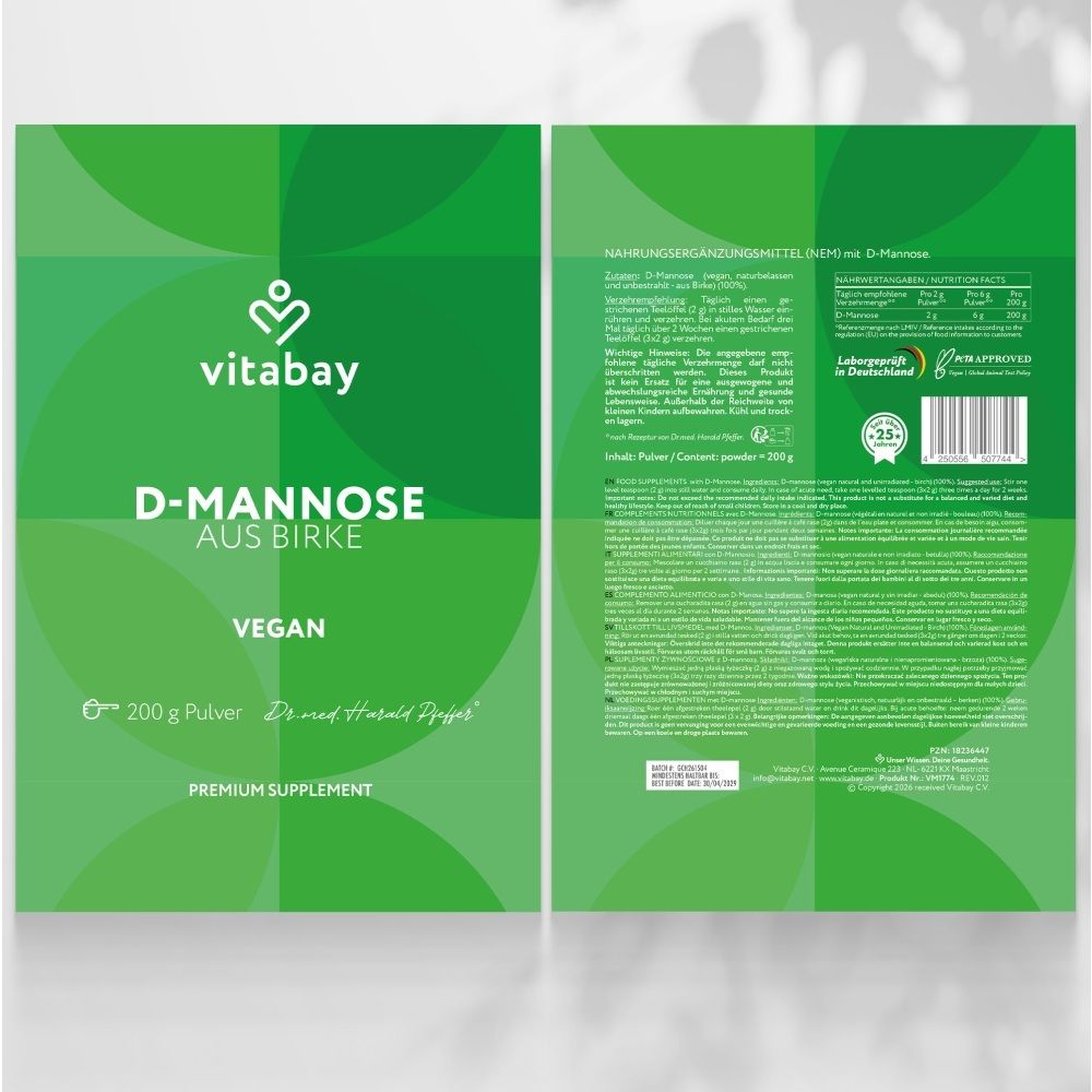 Vorder- und Rückseite des Vitabay D-Mannose aus Birke Beutels, 200g.