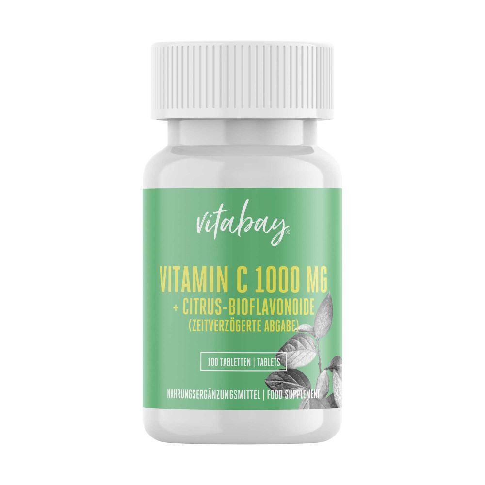 Vitabay Vitamin C 1000 mg Nahrungsergänzungsmittel in weißer Flasche mit grünem Etikett, 100 Tabletten.