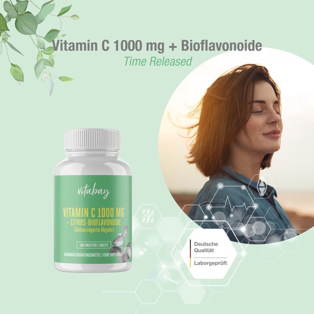 Flasche mit Vitamin C 1000 mg + Bioflavonoide Tabletten. Frau im Profil mit geschlossenen Augen.