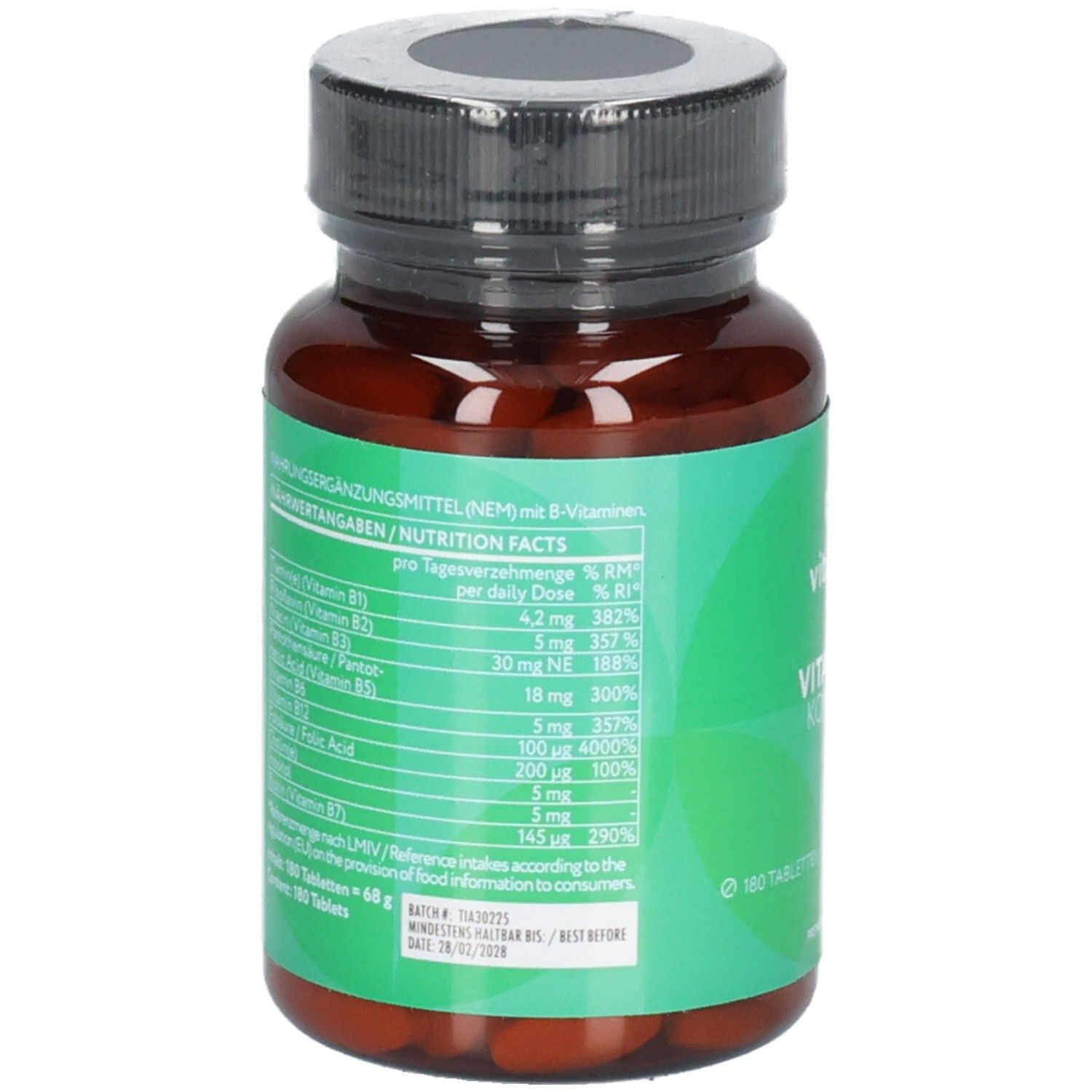 Rückseite der Vitabay Vitamin B Komplex Flasche mit Nährwertangaben.