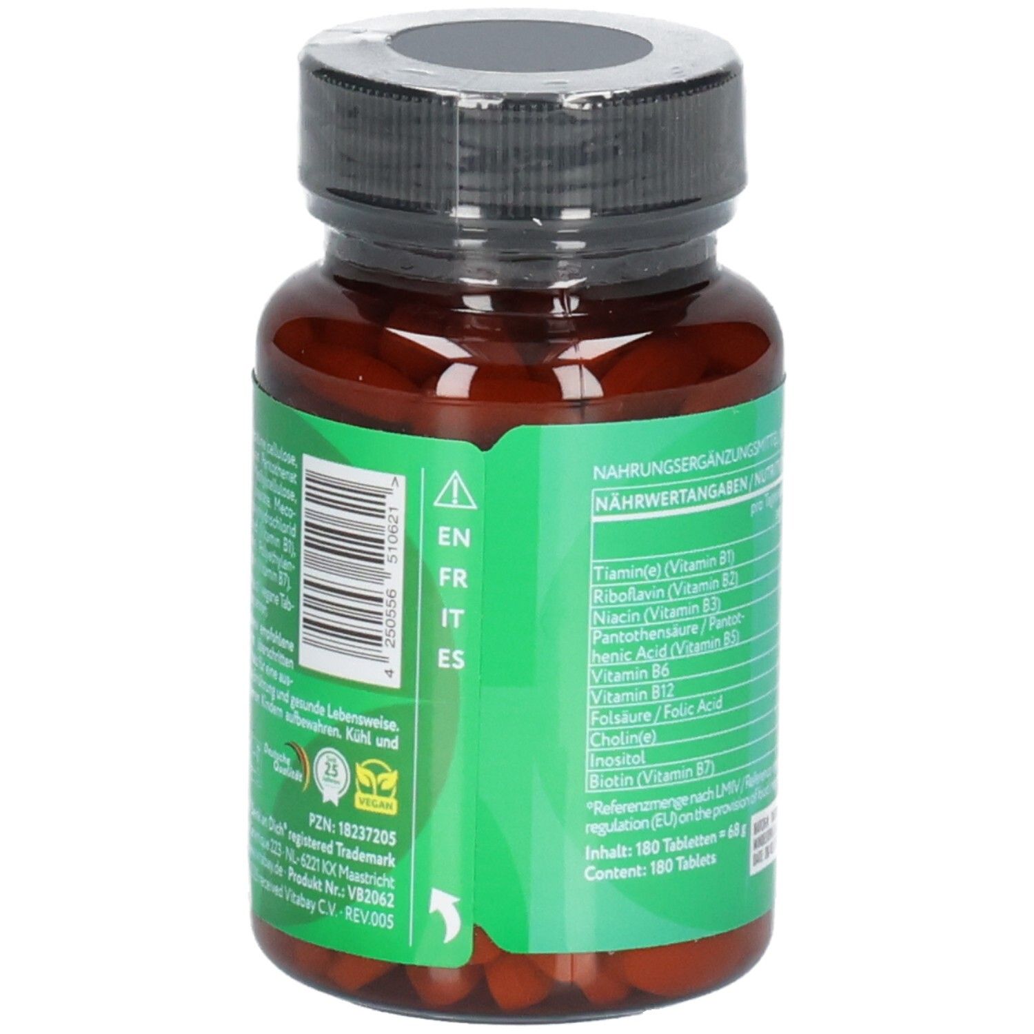 Seitenansicht der Vitabay Vitamin B Komplex Flasche mit Sprachencode.