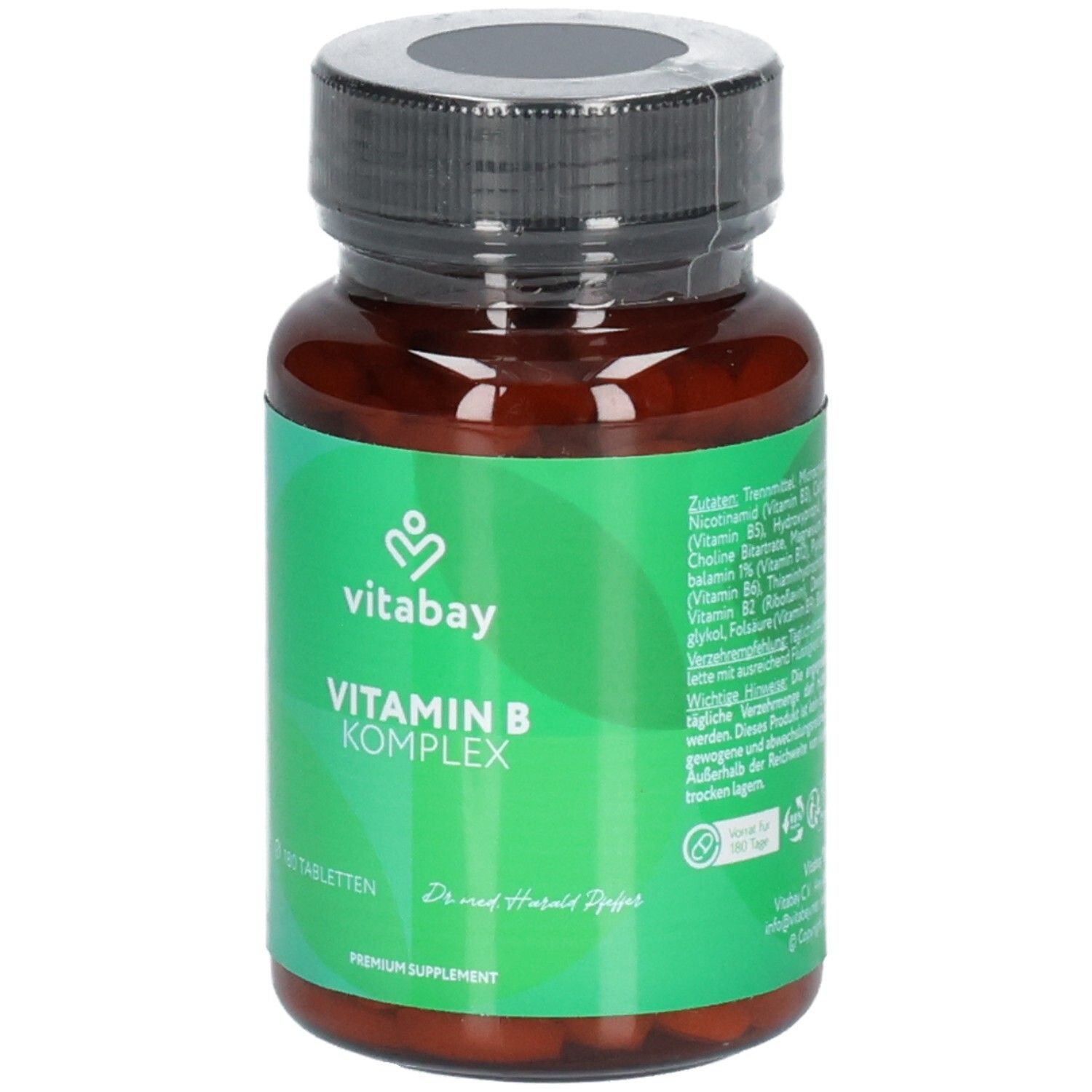 Vitabay Vitamin B Komplex Flasche mit 180 Tabletten und Siegeln.