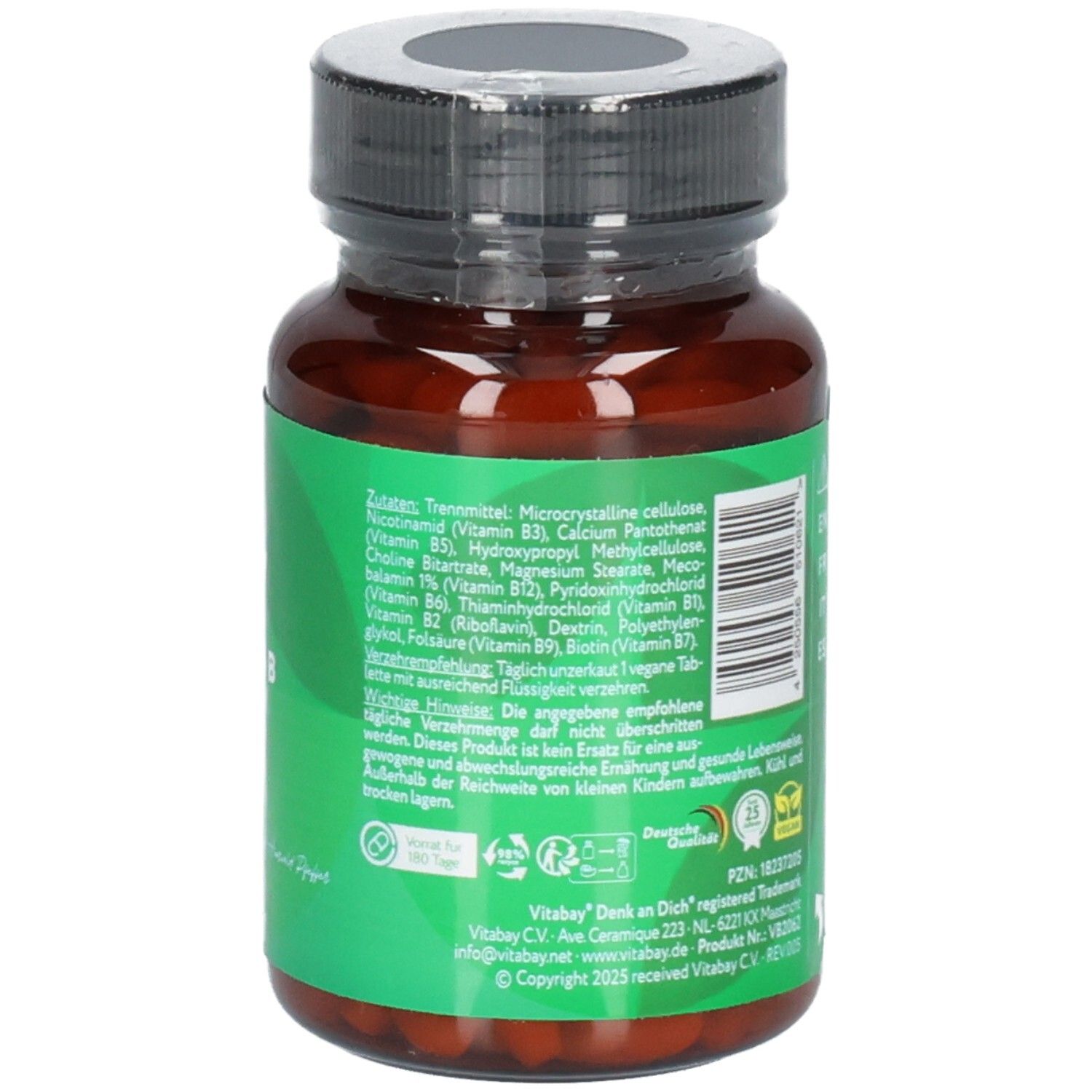 Vitabay Vitamin B Komplex Flasche mit 180 Tabletten, Siegeln und Inhaltsstoffen.