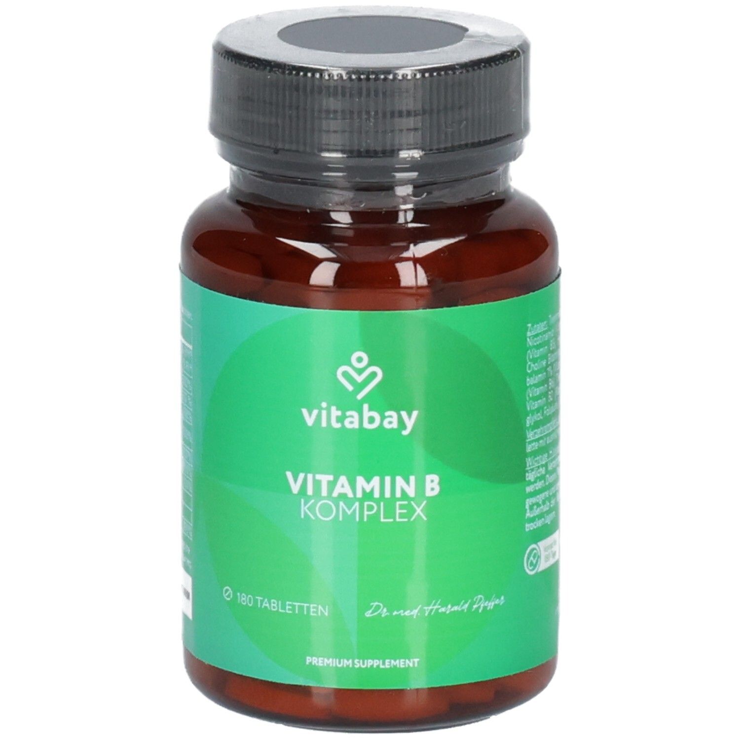 Vitabay Vitamin B Komplex Flasche mit 180 Tabletten, Siegeln und Inhaltsstoffen.