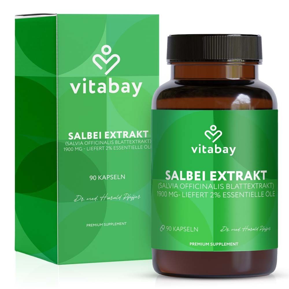 Grüne Verpackung und Flasche mit Produktetikett. Enthält Salbei Extrakt. Marke: Vitabay. 90 Kapseln.