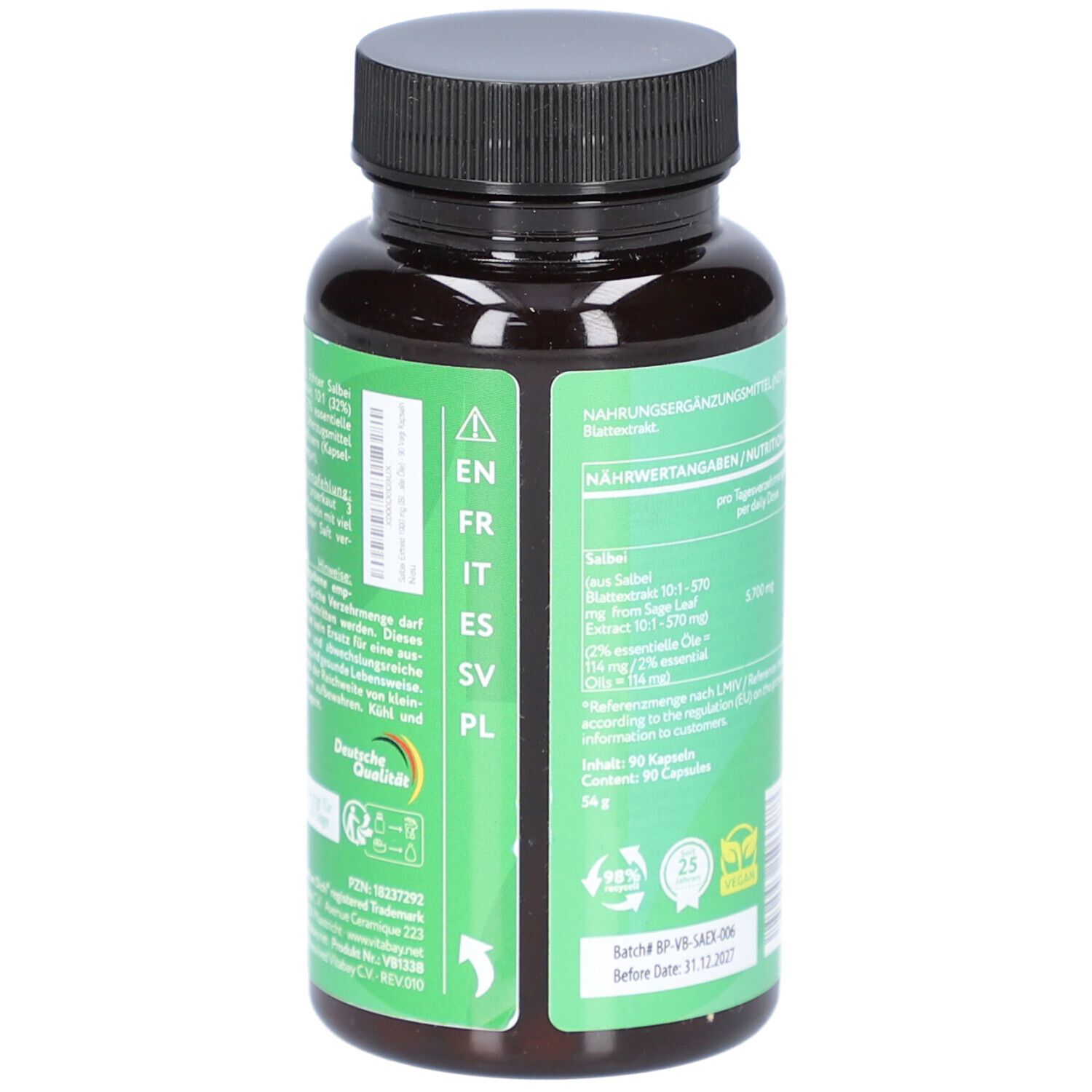 Rückseite der Flasche mit Text in verschiedenen Sprachen. Aufschrift: Nährwertangaben, 90 Kapseln. Grüner Hintergrund.