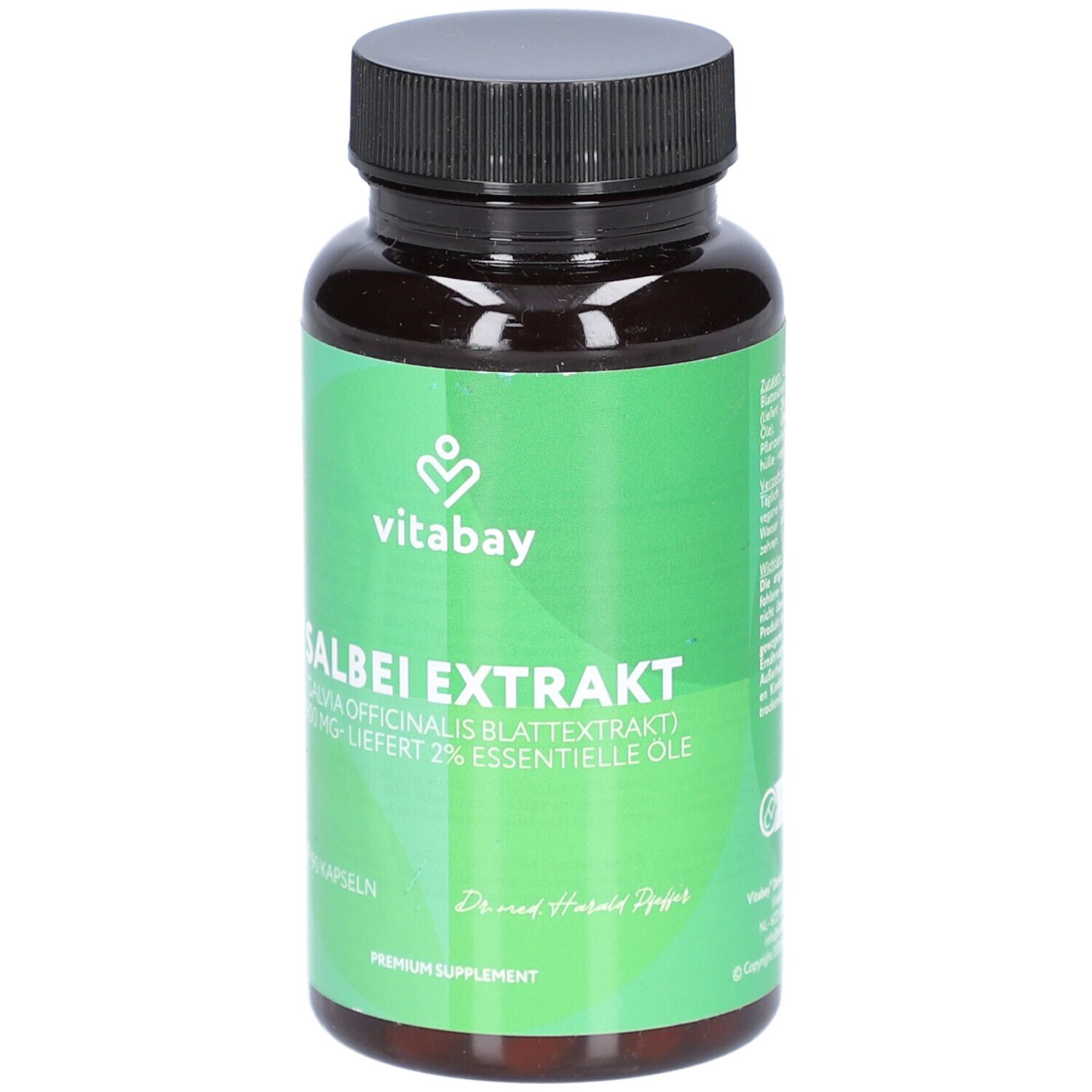 Braune Flasche mit schwarzem Deckel. Aufschrift: SALBEI EXTRAKT, 1900 mg, 90 Kapseln. Marke: vitabay. Grüner Hintergrund.
