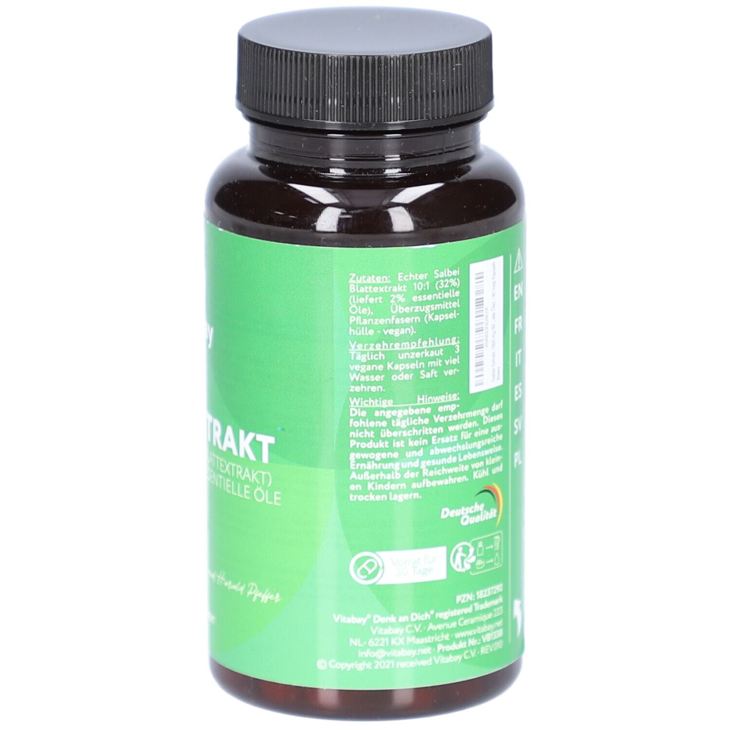 Rückseite der Flasche. Aufschrift: Inhaltsstoffe, 90 Kapseln, vegan. Zertifizierungen. Grüner Hintergrund.