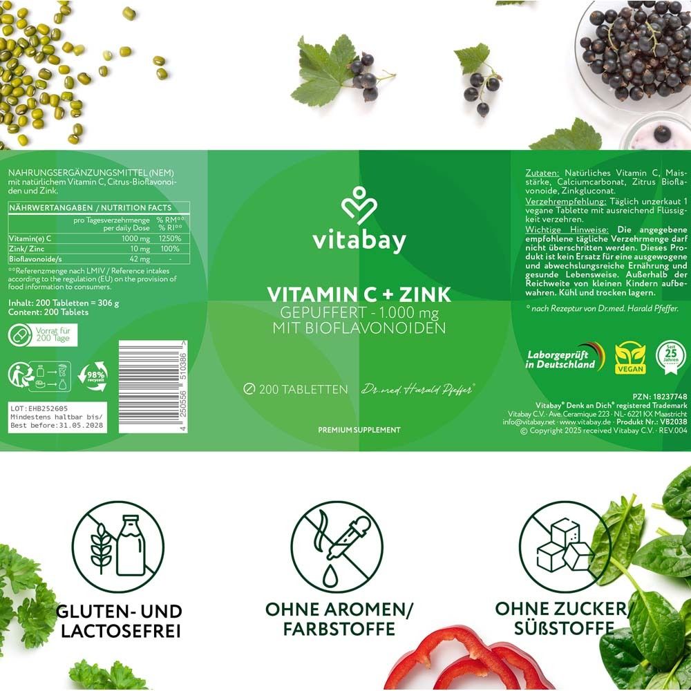 Rückseite der Produktverpackung. Enthält Informationen zu Inhaltsstoffen, Nährwerten und Hersteller. vitabay-Logo.