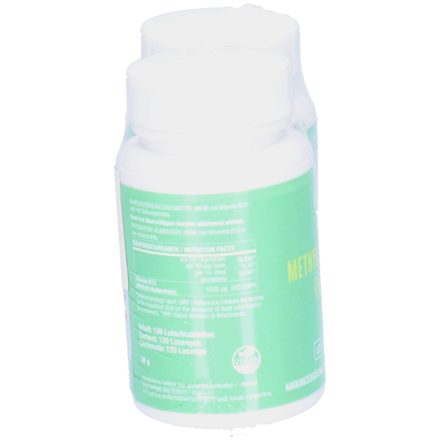 Eine weiße Flasche Vitabay B12 Depot 5000 mcg, in Folie verpackt. Grünes Etikett mit Produktinformationen und Logo.