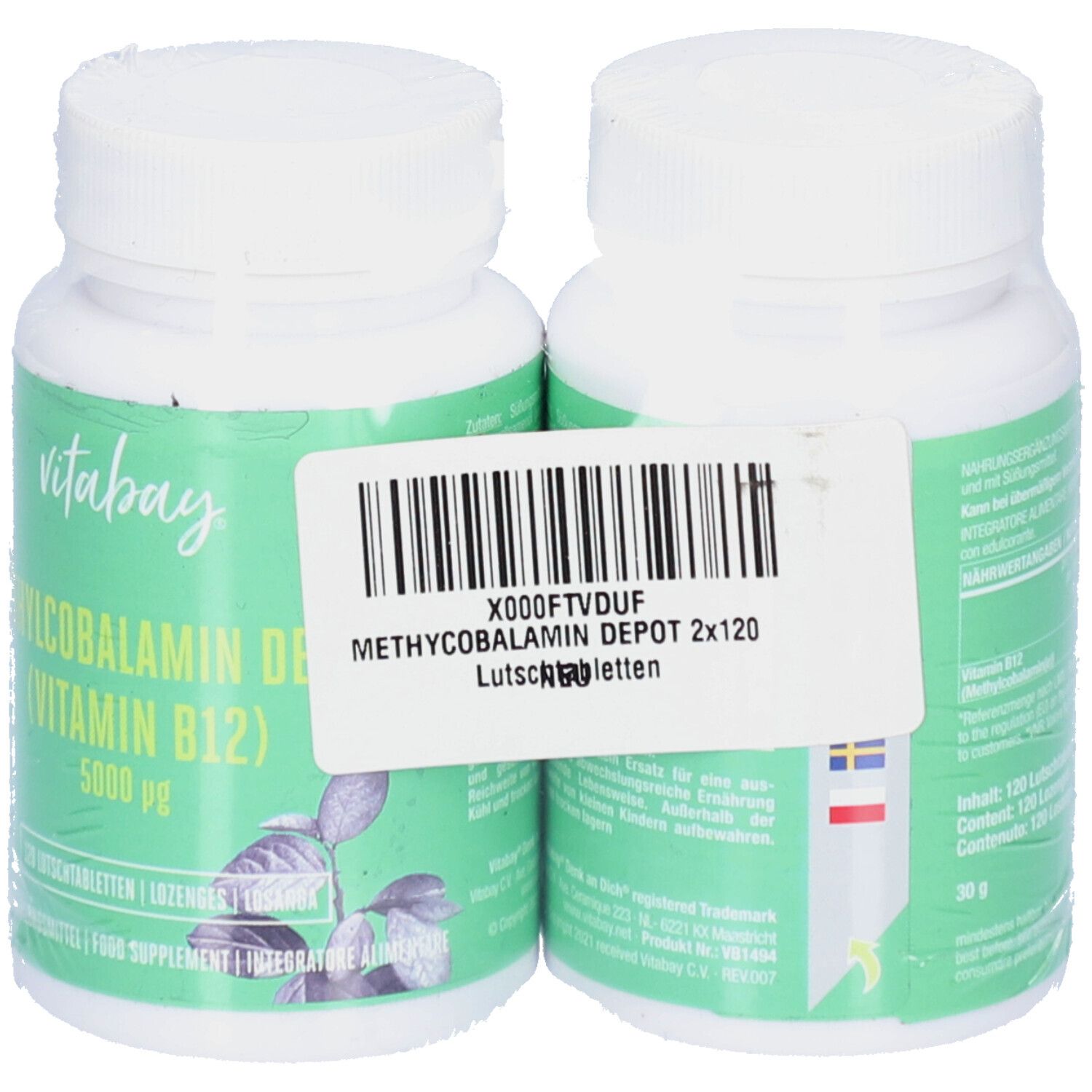 Zwei weiße Flaschen Vitabay B12 Depot 5000 mcg, in Folie verpackt. Aufkleber mit Barcode und Produktbezeichnung.