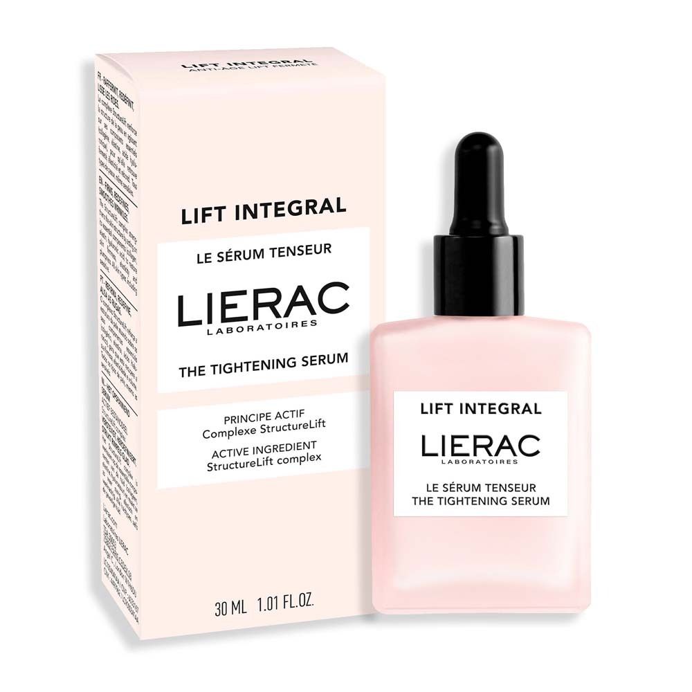 Rosa Schachtel und Flasche. Aufschrift: Lift Integral, LIERAC, Le Sérum Tenseur, The Tightening Serum. 30 ml.