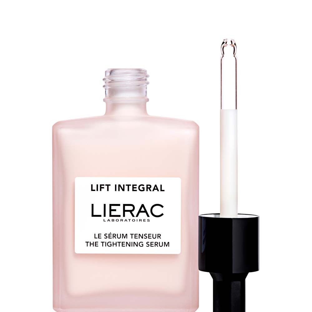 Rosa Flasche mit Pipette. Aufschrift: Lift Integral, LIERAC, Le Sérum Tenseur, The Tightening Serum.